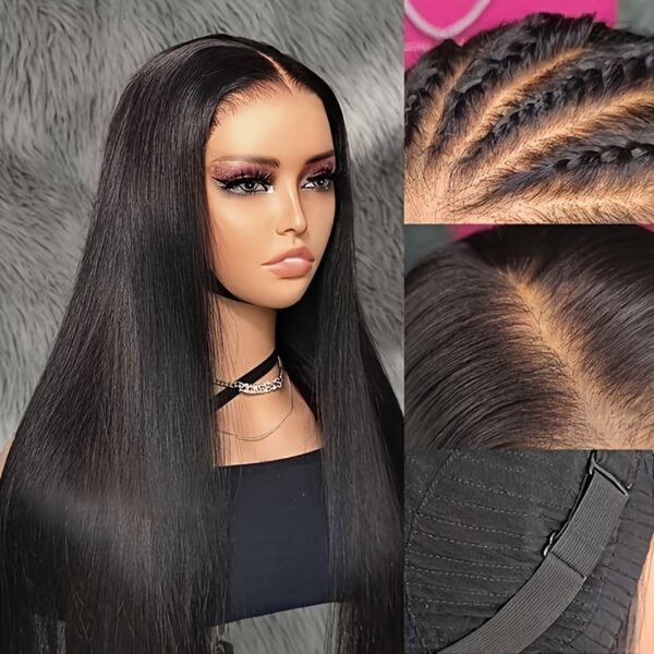 Perruque Droite Sans Colle 4x4 en Cheveux Humains – Pré-plumée, Pré-coupée, Noire Naturelle 180% – Image 3