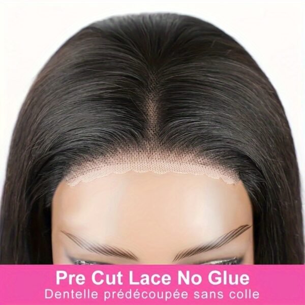 Perruque Droite Sans Colle 4x4 en Cheveux Humains – Pré-plumée, Pré-coupée, Noire Naturelle 180% – Image 4