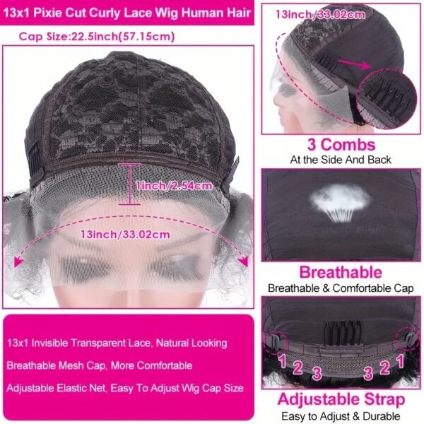 Perruque femme 13x1 HD sans colle – cheveux humains bouclés, courte, 150% densité, noir – Image 8