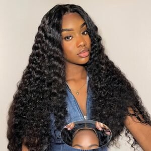 Perruque Bouclée Sans Colle 4x4 en Cheveux Humains – Longue, Densité 150%, Noir Naturel