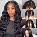 Perruque ondulée femme 150% densité en cheveux humains avec U-part et bonnet rose